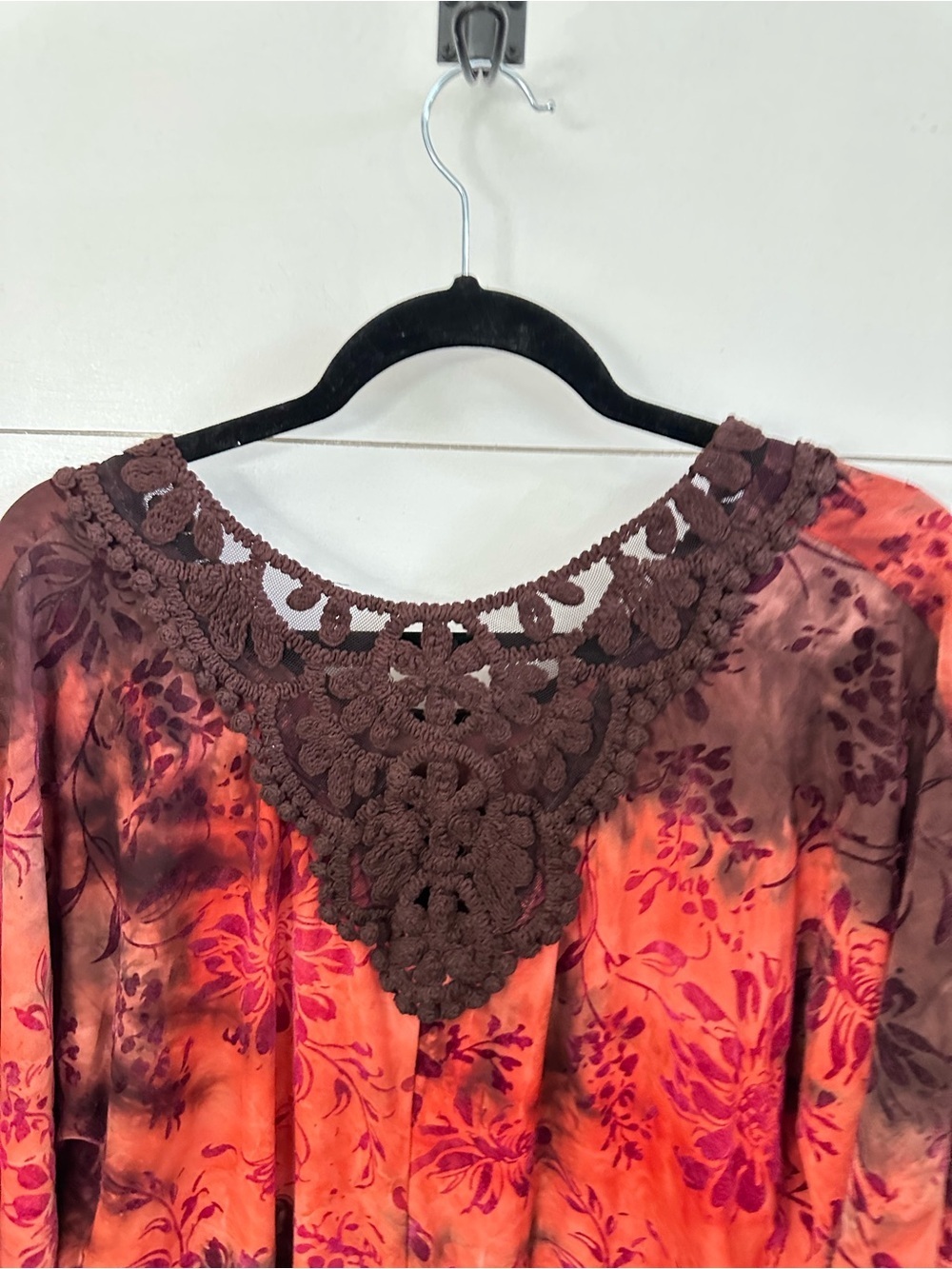 Sam & Jo 1X soft brushed velvet orange-brown crochet batik style boho tunic top - Picture 9 of 13